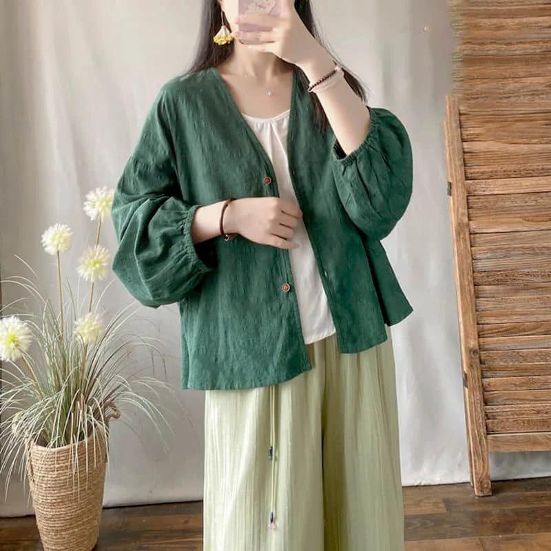 Cotton Linen Shirts for Women Vintage Solid Long Sleeved Loose Casual Korean Style Single Breasted One Piece Blouse Women