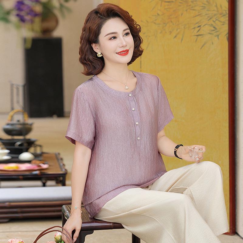

Summer Chinese Style Round Neck Short Sleeve Top for Middle-Aged and Elderly Women 3XL (120-135 jin)