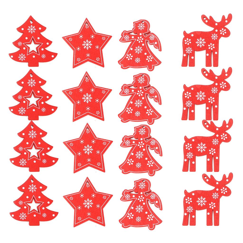 16Pcs Decorative Wood Chips Elk Star Angel Christmas Tree Wooden Hanging Ornaments with Twine