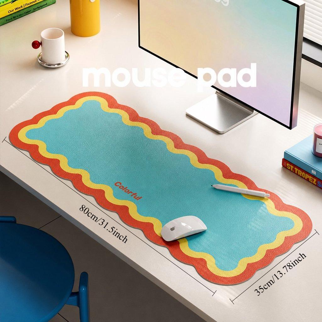 Colorful Wavy Border PU Large Desk Pad 35*80cm Scalloped Irregular Edge Waterproof Smooth PU Surface Stable Non-slip Bottom Mouse Mat Ideal Student