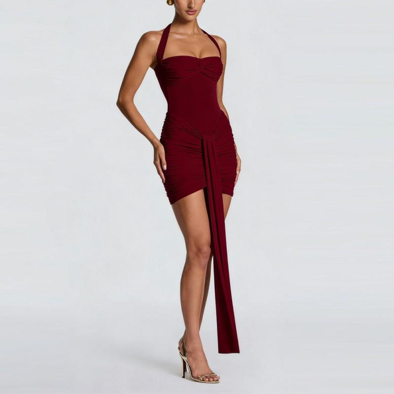 European and American summer new products, neck strap mesh splicing streamer temperament slim dress women's clothing