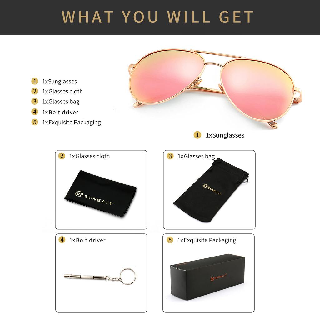 SUNGAIT Lightweight Oversized Aviator Sunglasses Mirrored Polarized Lenses Gold Mirrored SGT603JKF JP Women's - (Light Frame/Pink Lenses)