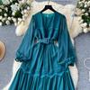 French O Neck Cut Out Lace PATCHWORK Lantern Sleeve Korean Fashion Dress Women's Summer Waist Sweet Dresses
