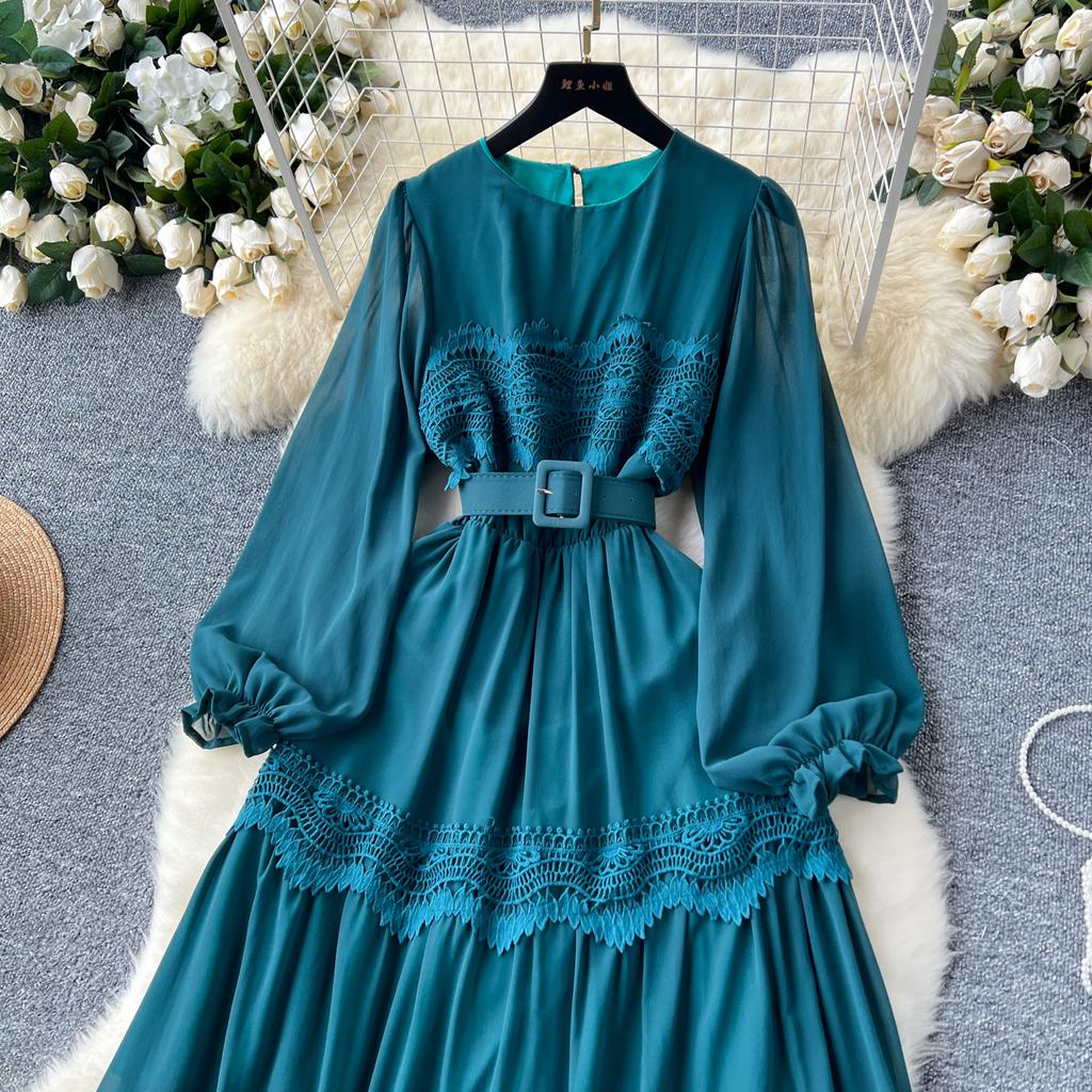 French O Neck Cut Out Lace PATCHWORK Lantern Sleeve Korean Fashion Dress Women's Summer Waist Sweet Dresses