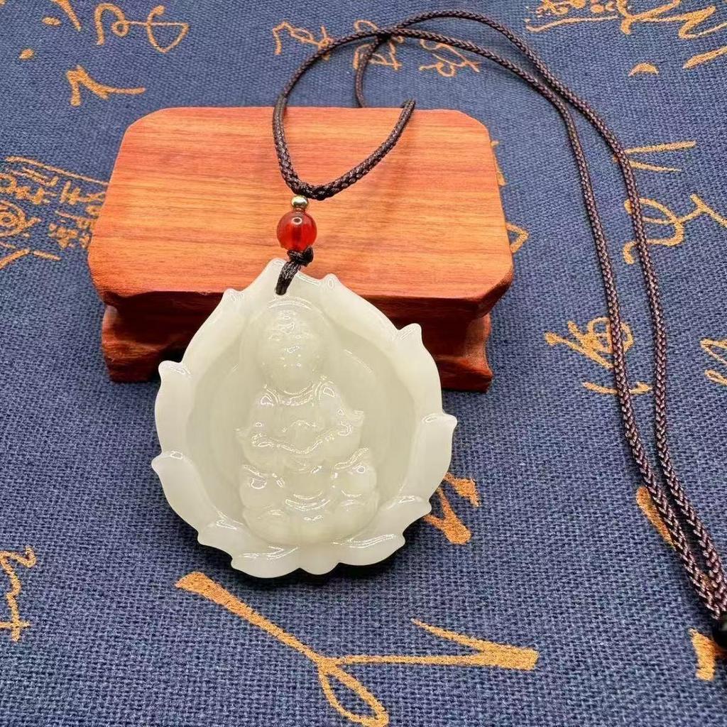 Unisex Imitation Hetian Jade Guanyin Pendant with Lotus Design - Hanging Ornament Gift