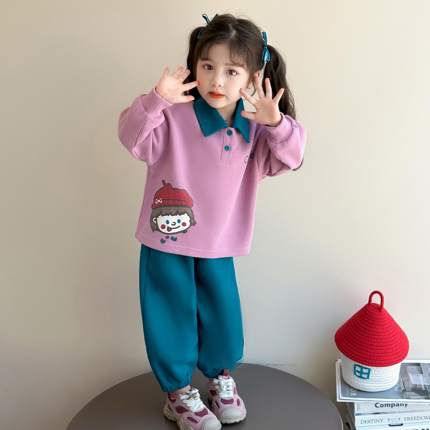 

2025 Girls Korean Style Autumn Two-Piece: Color Block Sweatshirt & Green Pants Set 120 cm фіолетовий