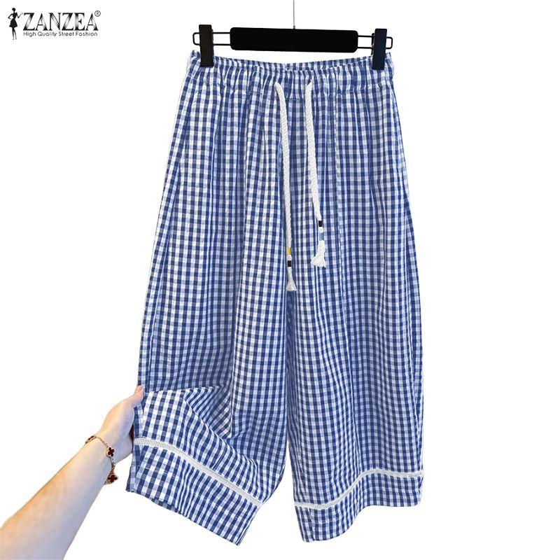 ZANZEA Women Casual Elastic Waist Loose Plaid Print Pants
