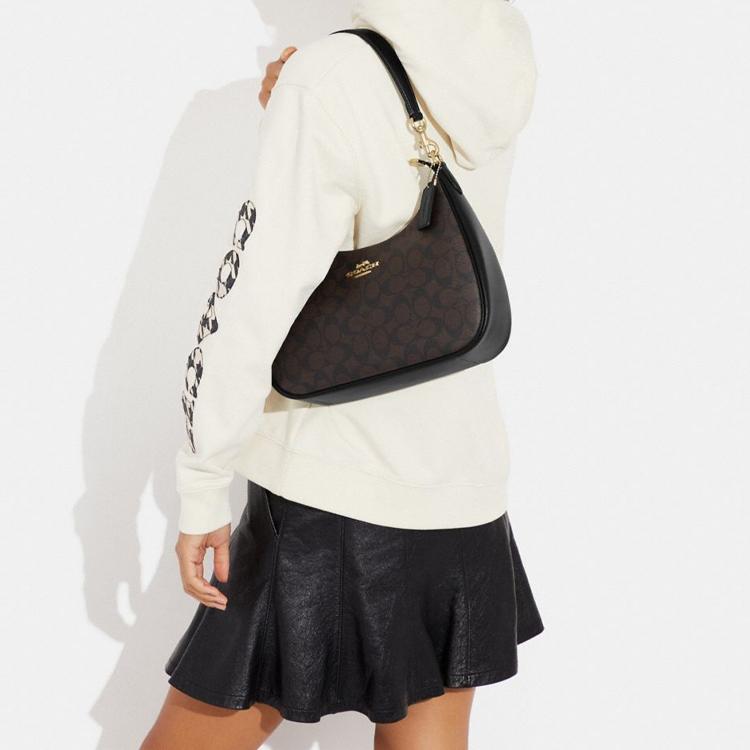 Coach Hobo 29 Gold Logo Klassischer Jacquard Reißverschluss Halbmond Leder Satteltasche Damen Handtaschen Schwarz CK161-IMAA8