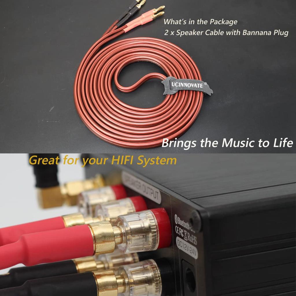 UCINNOVATE High End Pure Copper HIFI OFC Speaker Wire Cable with Banana Plug 2m Gold Plated Banana Tip Plug Male To Male 600 Strands 14AWG for Audio