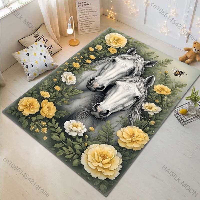 Multiple sizes White horses yellow flowers bee Carpet for Living Room Bedroom Sofa Home Decor Rus Non-slip Floor Mat Luxury Gift