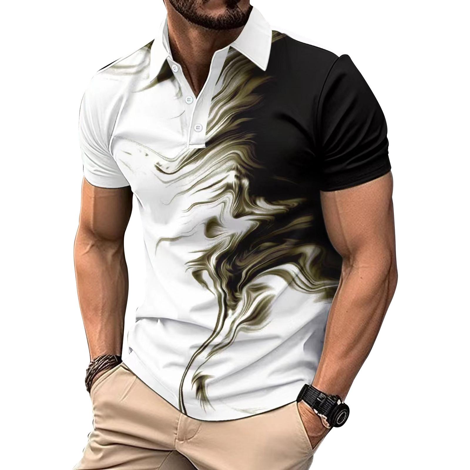 

Мужская повседневная рубашка с принтом на воротнике и пуговицах, деловая универсальная футболка с цветными блоками M чёрный