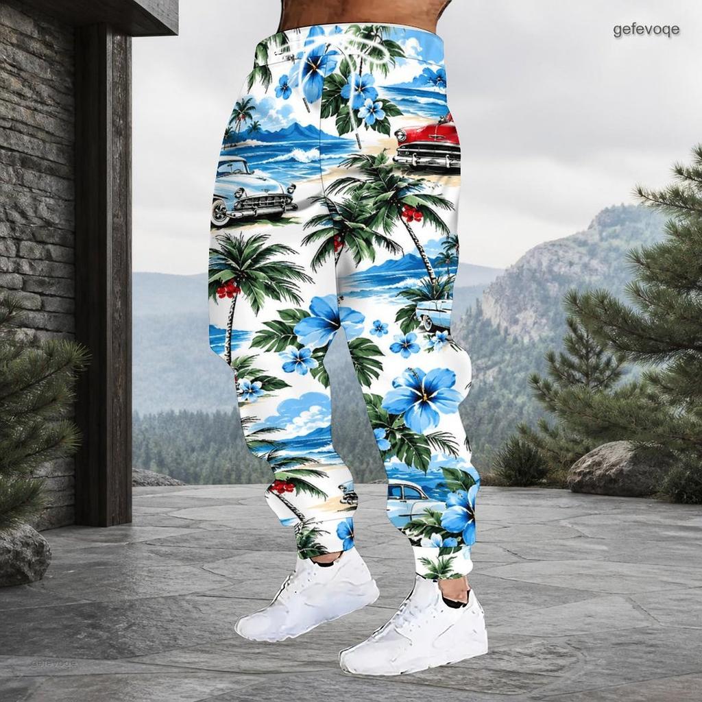 Men Plus Size Colorful Floral Printed Drawstring Cuffed Ankle Jogger Pants With Side Pockets