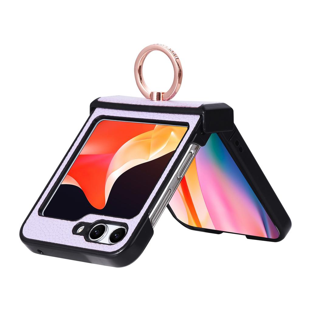For Samsung Galaxy Z Flip6 5G Magnetic Case with Ring Kickstand Leather+PC Phone Cover Hinge Protection