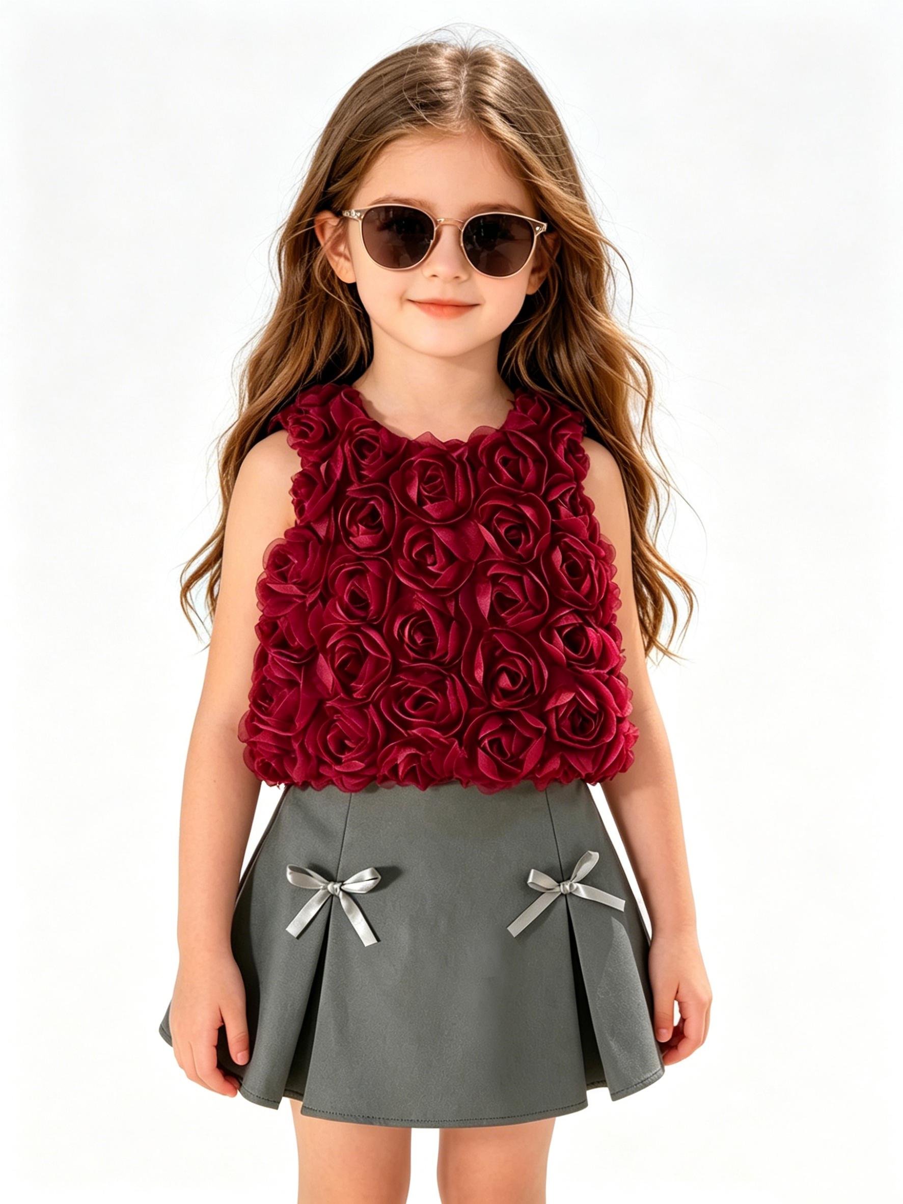 Girls 4-7Y 2Pcs Outfit 3D Rose Sleeveless Top & Grey A-Line Skirt Bow Decor Fashion Set 4Y