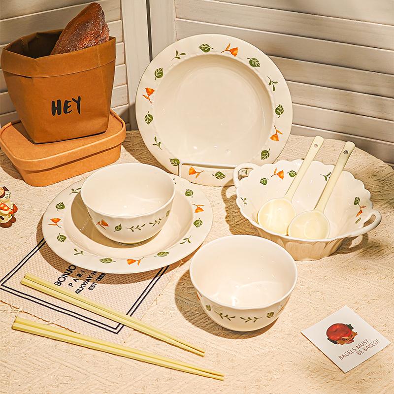 Plant Print Ceramic Dish Household 8 Inch New Beautiful Underglazed Colour Food Plates White Microwave Heating Kitchen Tableware