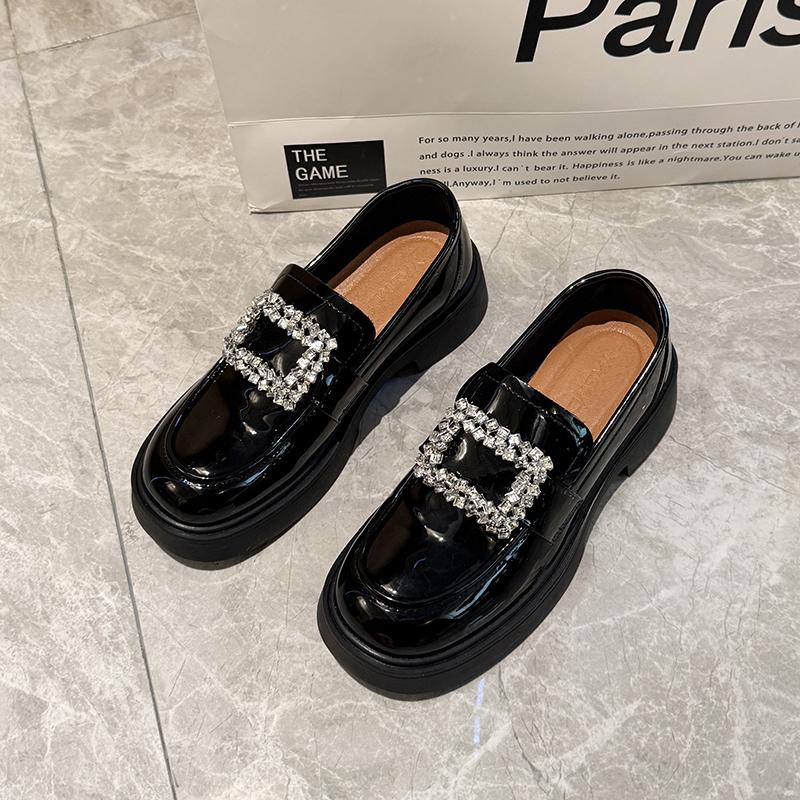 Fashion Women's Thick Heel Loafer Shoes Autumn New Round Head Deep Mouth Water Drill Buckle Thick Sole Non-slip Single Shoes