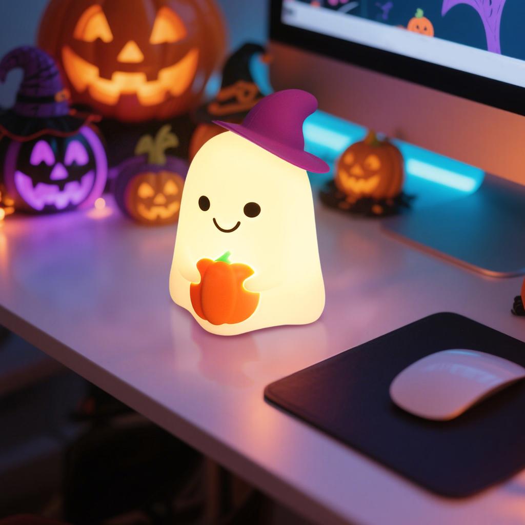Cute Night Light, Halloween 7-Color Changing Silicone Hand-Controlled Lamp, USB-C Rechargeable Dimmable Bedside Lamp For Kids' Bedroom