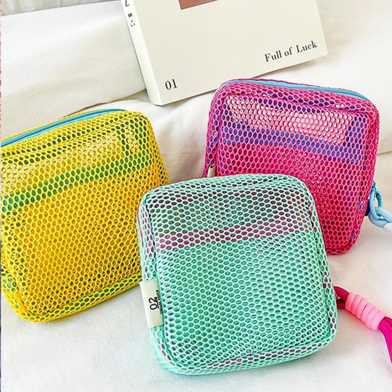 Women Lightweight Square Mesh Cosmetic Bag Portable Colorful Object Storage Bag With Zipper Multi-purpose Sundries Storage Bag