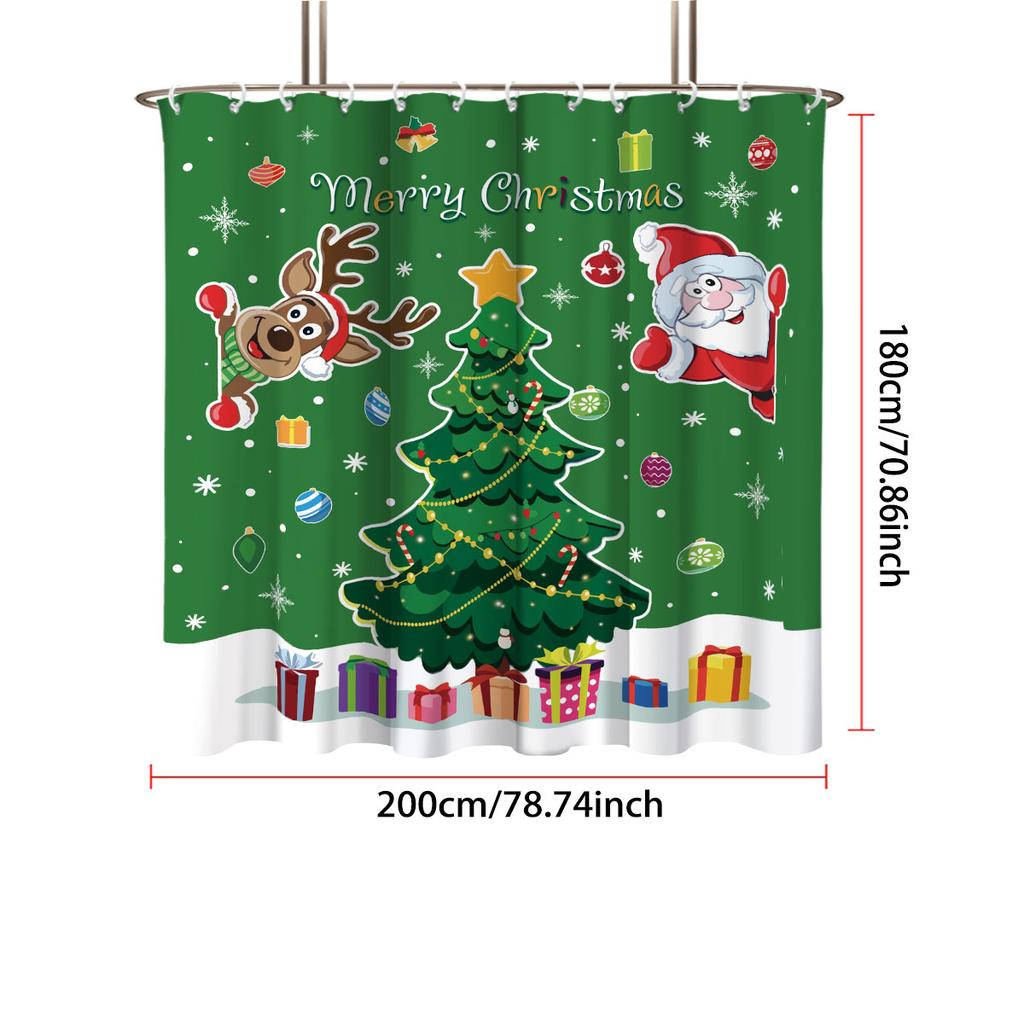 1pc Christmas Tree Cartoon Santa Claus Print Waterproof Shower Curtain Partition Privacy Hanging Curtain 12 Hooks Multiple Sizes