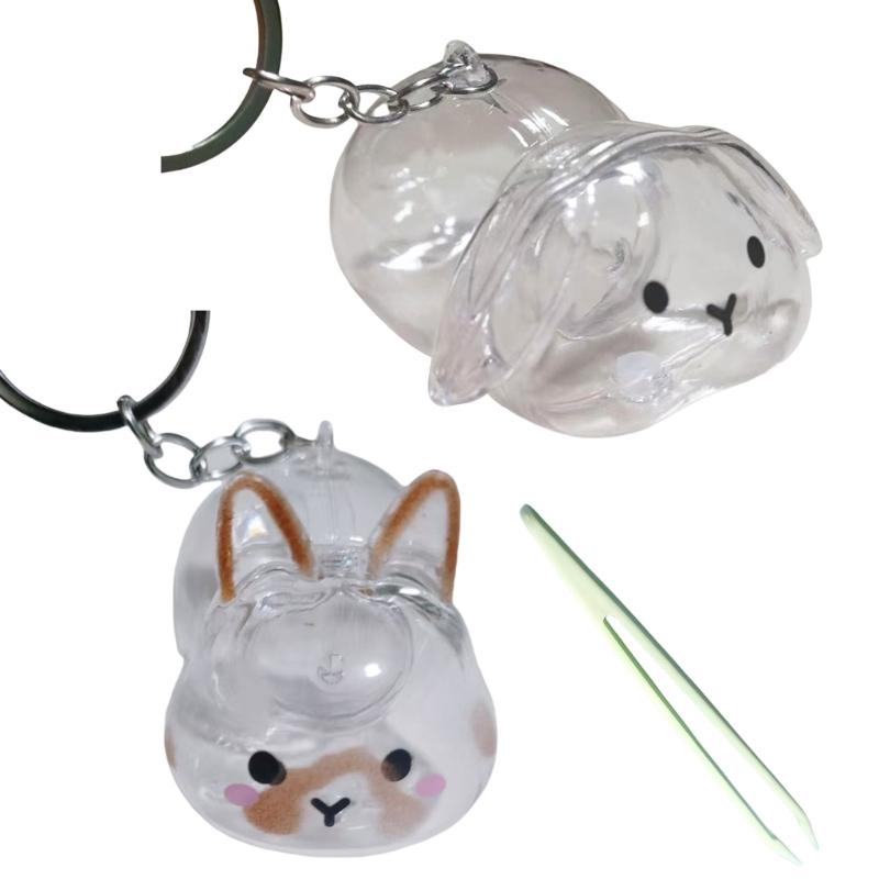 Clear Rabbit Design Pet Hair Display Box Bunnies Furs Collector Keychain Pendant