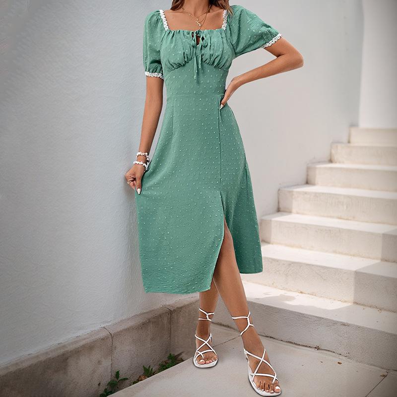 

Новое летнее женское платье с квадратным воротником и разрезом А-силуэта, украшенное кружевными пэчворками XL зелёный