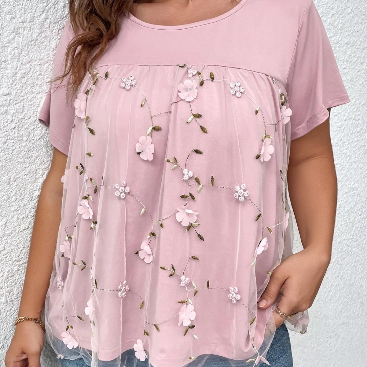 

2024 Новая летняя футболка с цветочным принтом, женские сетчатые розовые футболки больших размеров с короткими рукавами, женские элегантные топы с рюшами, женские футболки с кружевной аппликацией XL розовый
