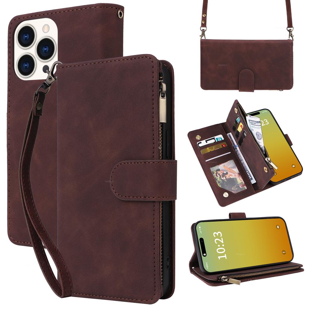 For iPhone 15 Pro Case Zipper Multi-Pocket Wallet Leather Phone Cover with Shoulder and Wrist Straps