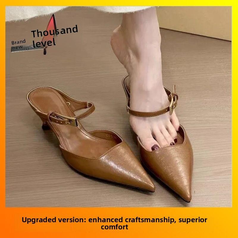 Retro Pointed Toe Mules For Women Summer Pu Casual Slipon With Skinny Heel For Daily Wear