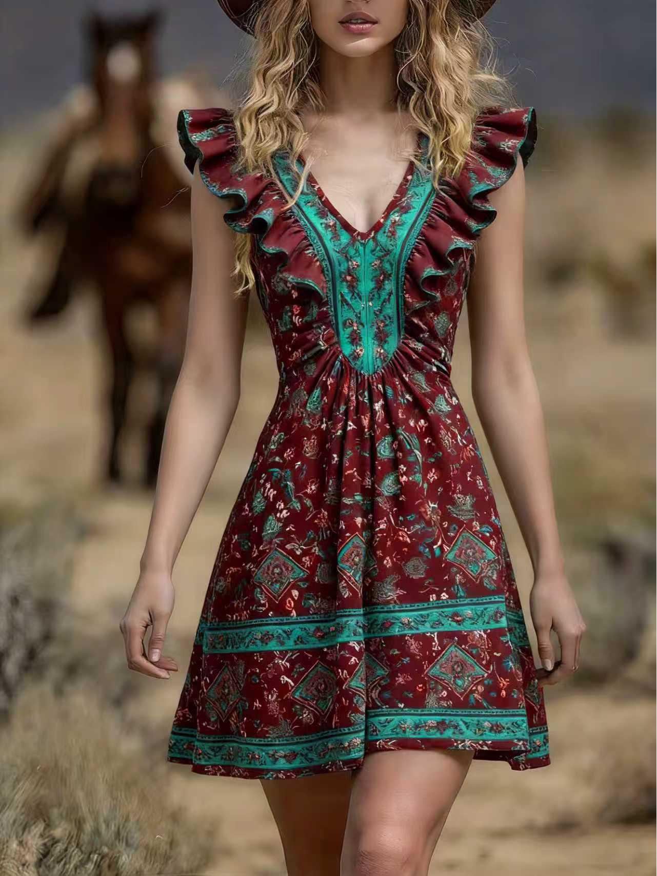 2026 Spring/Summer European & American Trendy Printed Women s Dress XXL бордовый