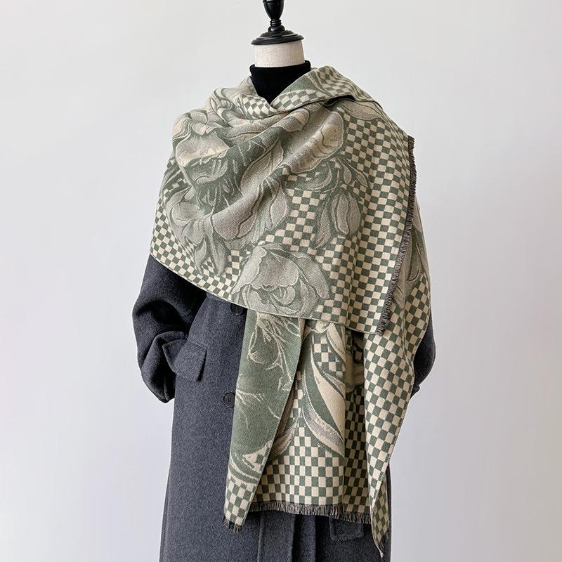 Imitation Cashmere Peony Artistic Sense Retro Style Texture Printing Double-sided Warm Scarf Shawl Woman