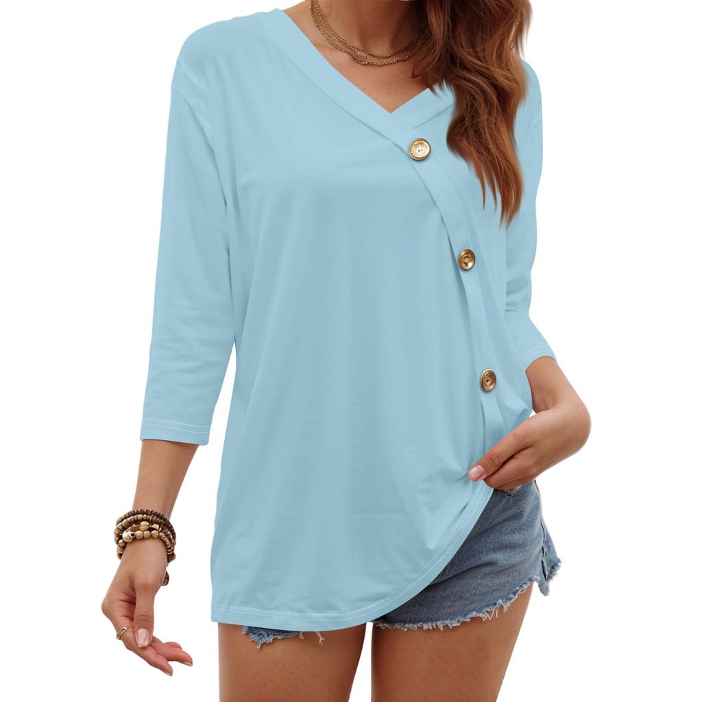 Women's Fashion Casual Three-quarter Sleeve Solid Color Button Round Neck Top