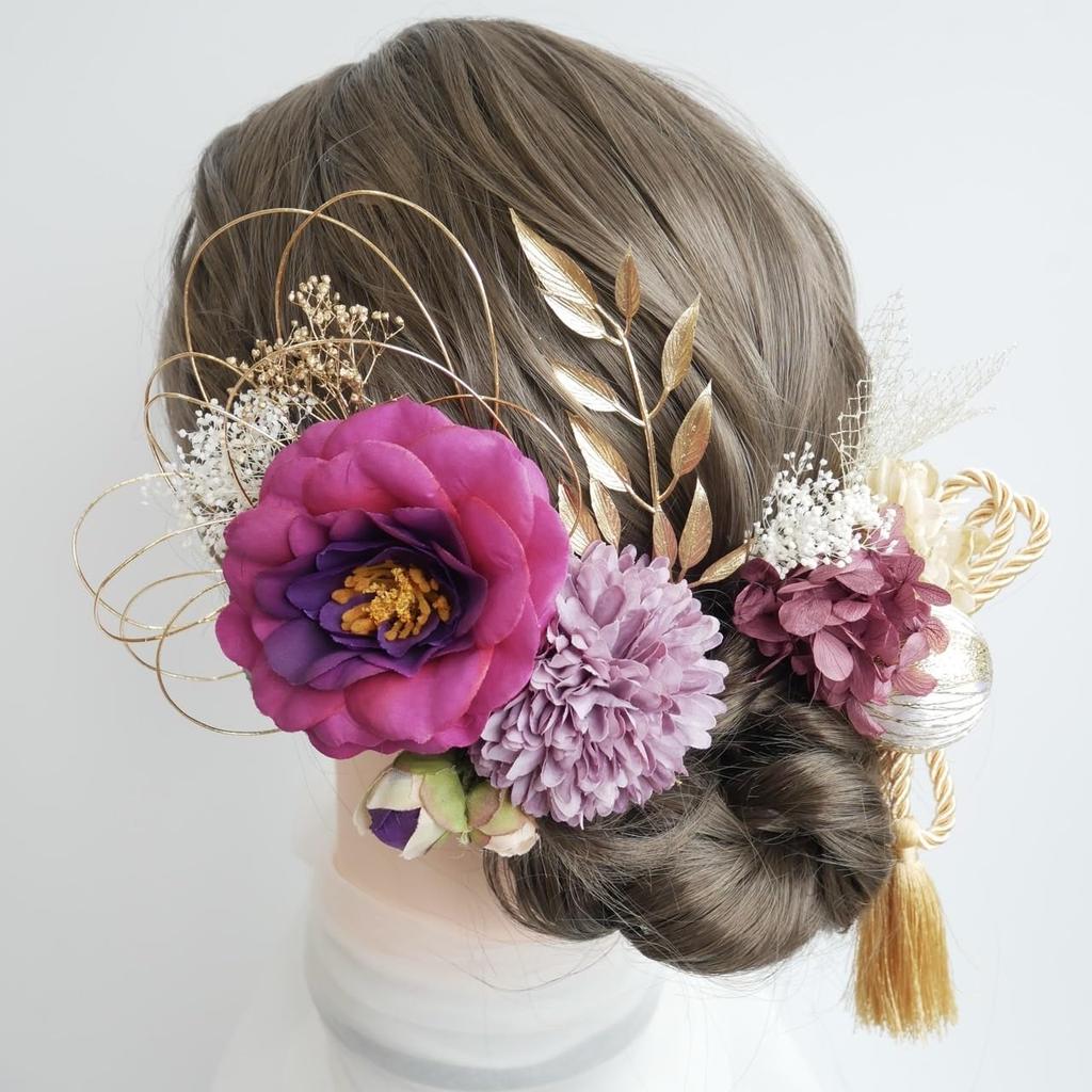 [Lomeri] Romeri [4 Colors Available] Camellia Hair Ornament, Dried Flower, for Coming-of-Age Ceremony, Graduation Ceremony, Wedding, Hakama (Purple)