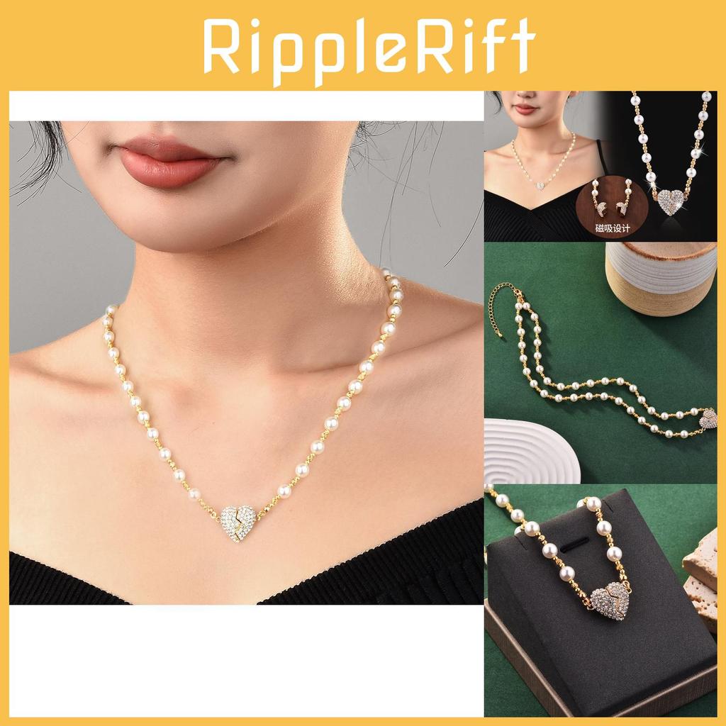 Stylish Heart Shaped Magnetic Pendant Necklace Adorned With Elegant Pearls And Diamonds