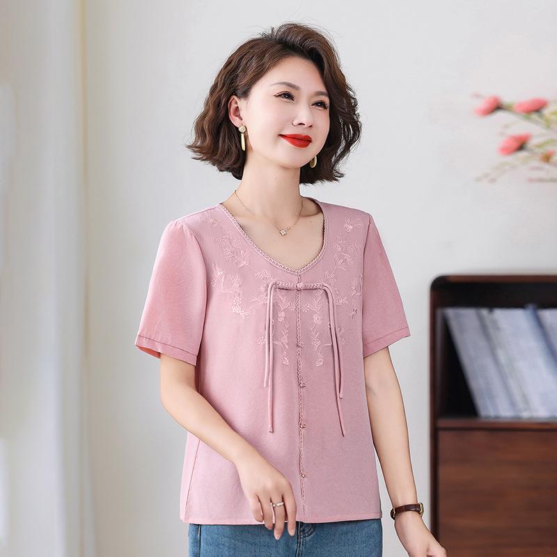 

Шикарная летняя футболка с коротким рукавом для женщин среднего и пожилого возраста - Новый модный топ 2025 4XL for 135-145 lbs светло-розовый