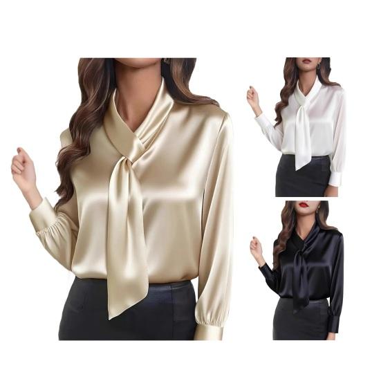 Women Shirt Ribbon V-Neck Long Sleeve Satin Texture Blouse Breathable Regular Fit Casual Work Party Dress Tops