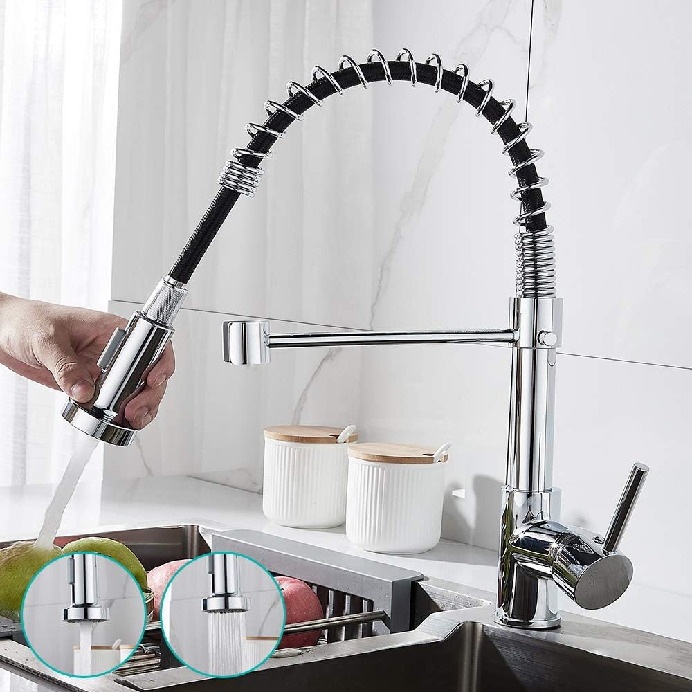 Kitchen Tap with Pull-Out Shower Spring Kitchen Tap Single Lever Mixer Tap for Sink with Hand Shower Support Cold and Hot Water (Normal, Silver)