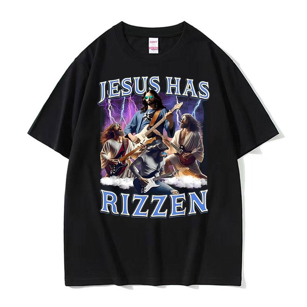 

Funny Jesus Has Rizzen Rock Star Tee Shirt Men s Clothing Fashion Gothic Cool T Shirt Unisex High Quality Cotton Summer T-shi... 5XL різнокольоровий