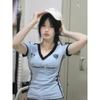 Y2K Patchwork Streetwear T Shirts Women American Retro Letter Design Sexy V-neck Slim Skinny Tee Tops E-girl Sporty Korean Style