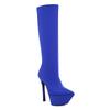 Fashion Women Knee High Platform Boots Rosy Red Black Stretch Satin Thin Heels Pointed Toe Sexy Lady Slip-on Stiletto Half Boots