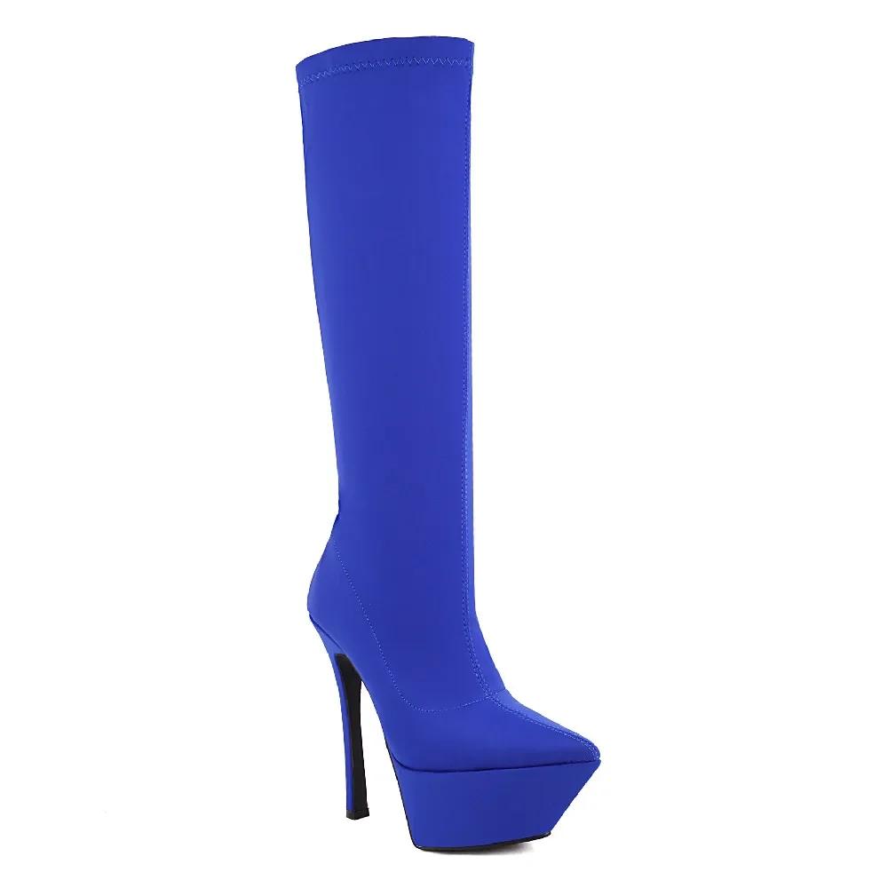 Fashion Women Knee High Platform Boots Rosy Red Black Stretch Satin Thin Heels Pointed Toe Sexy Lady Slip-on Stiletto Half Boots