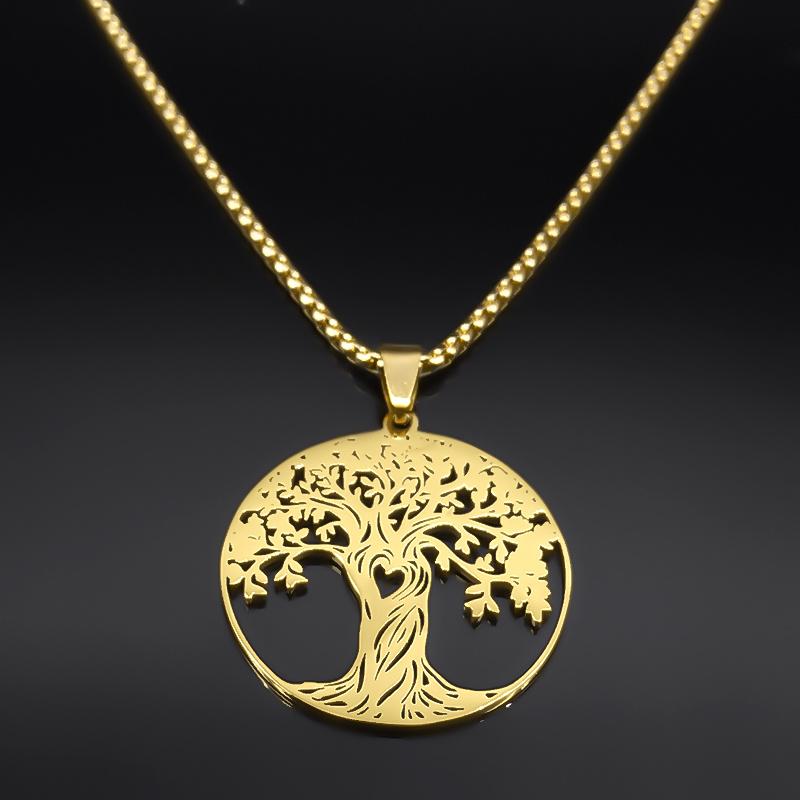 Aesthetic Tree of Life Love Heart Necklace for Women Men Stainless Steel Gold Color Lucky Amulet Chain Jewelry Necklace