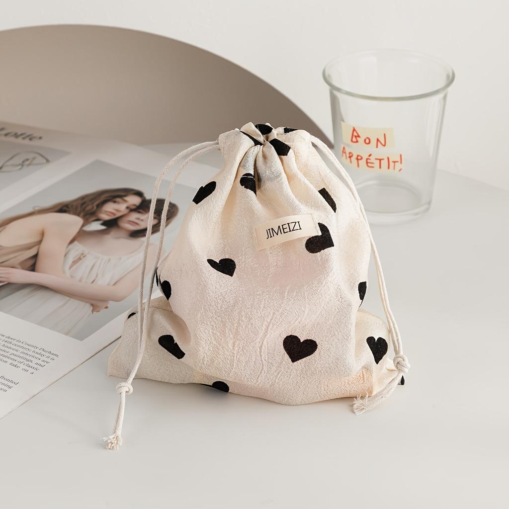 1pc Women's Drawstring Pouch - Beige & Black Heart Pattern Makeup Bag,Large Capacity Travel Organizer with Closure for Cosmetics