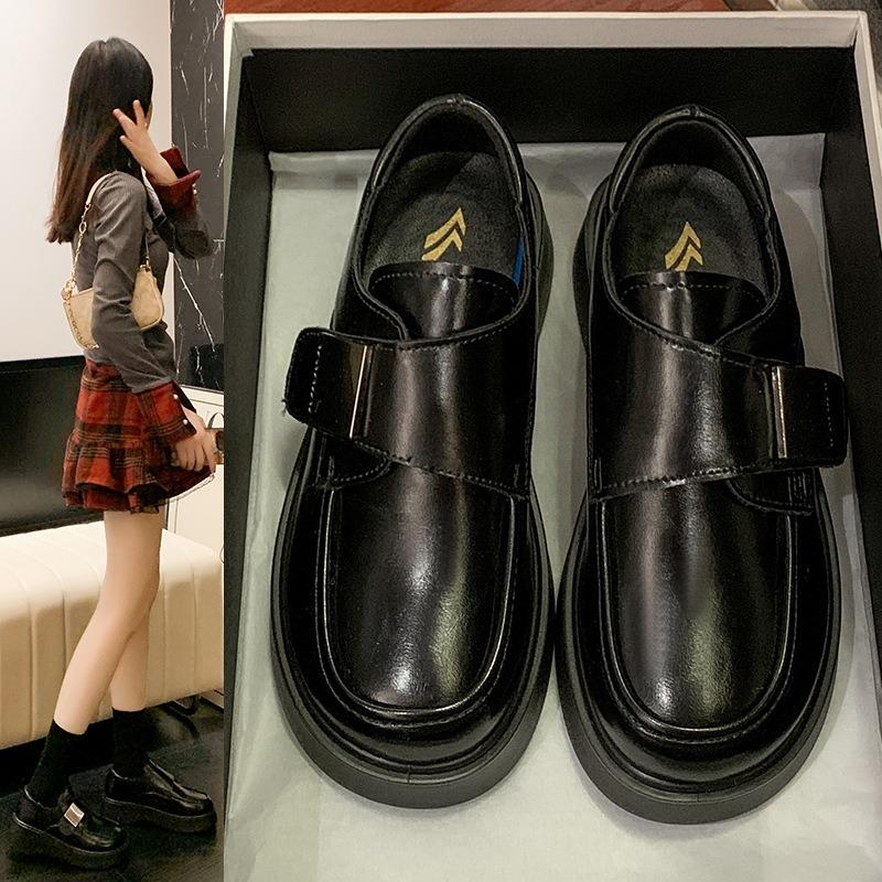 Spring new Velcro wedge heel round head high heel wedge heel thick sole durable women's leather shoes