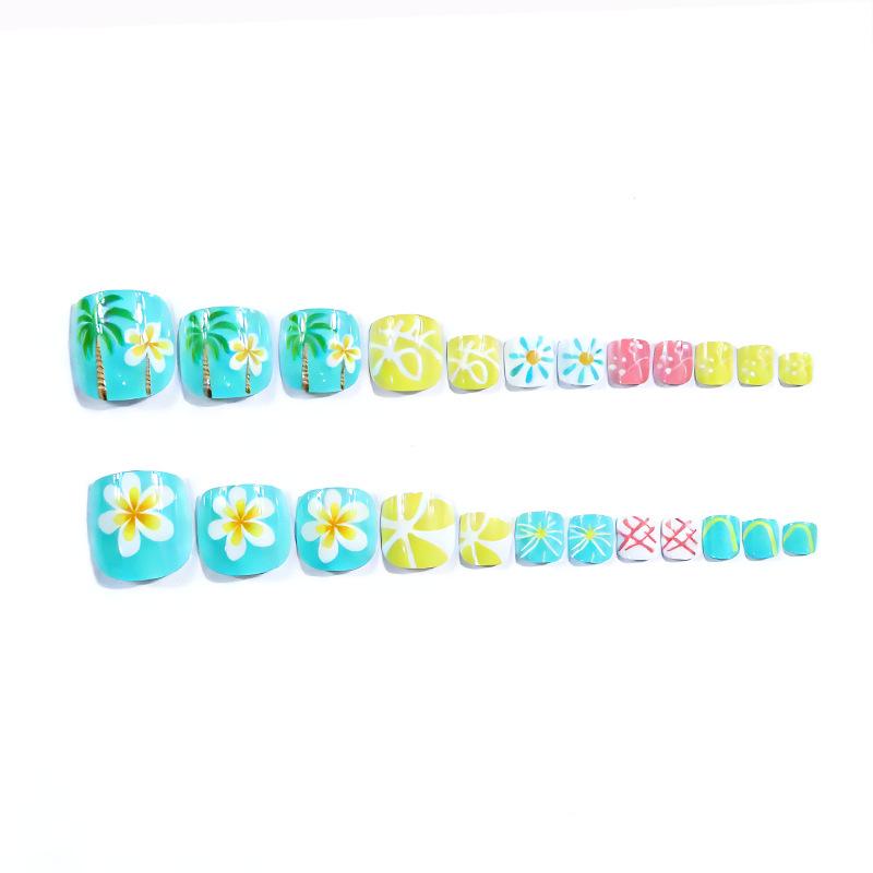European and American short glossy foot nails, small and fresh summer beach coconut tree flower design, wearing nail pads
