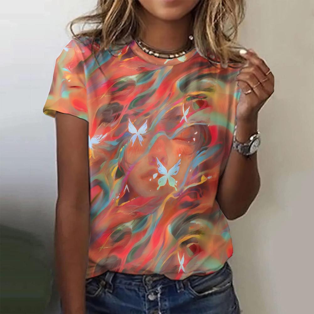 Color Girl 3D-Druck T-Shirts Damen Streetwear Mode Lässig Rundhals Kurzarm T-Shirt Y2k Top Harajuku T-Shirts Damenbekleidung