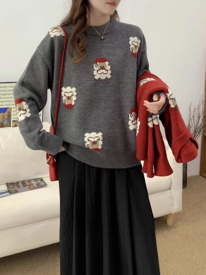Women's Red Christmas Loose Knit Pullover Sweater - Autumn/Winter Korean Style, Round Neck