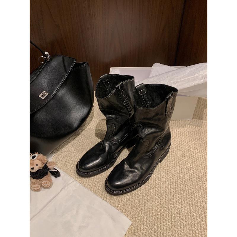 Sheepskin~ Western Cowboy Boots Women's Autumn and Winter Maillard Skinny Boots Thick Heel Medium Tube Desert Boots Locomotive Boots