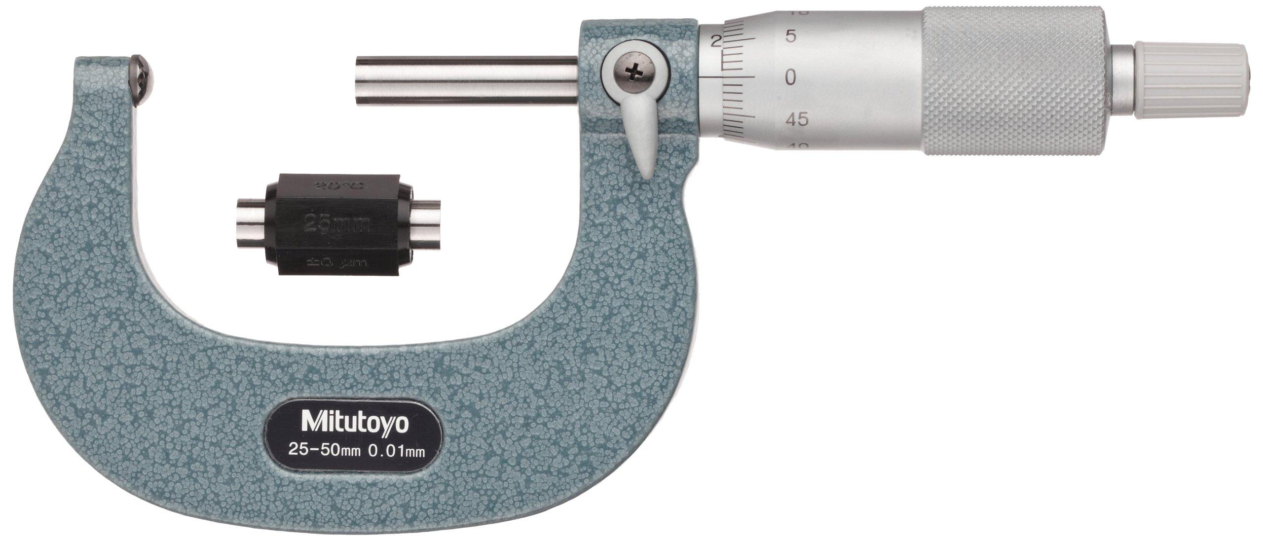 

Mitutoyo 115-116 Spherical Face Micrometer, Ratchet Stop, 25-50mm Range, 0.01mm Graduation, +/-0.003mm Accuracy, Flat Spindle