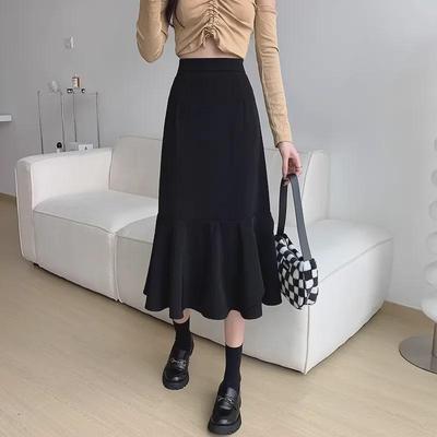 Dámská černá sukně s vysokým pasem a áčkovým střihem, plus size, zeštíhlující, střední délky, nové jarní/podzimní styly pro postavy typu hruška.