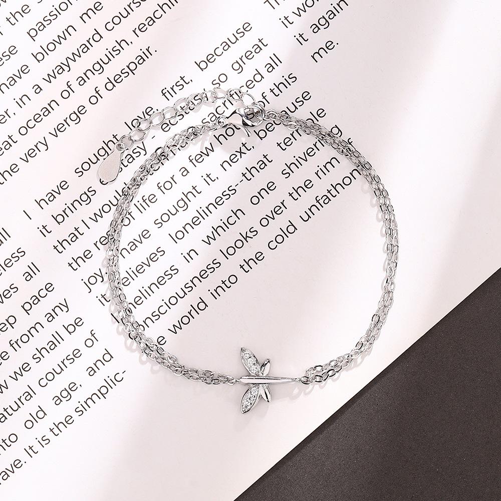 Sterling Silber S925 Silber Armband Damen Exquisite Insektenflügel Armband mit eingelegtem Zirkon Doppelschicht Kleines Libellenarmband